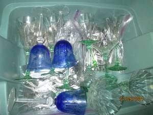 lot 105 image: Storage tote of etched glass stemware and flatware sets