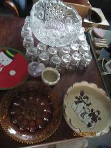 lot 108 image: Depression amber glass egg server, Glass punch bowl with matching cups and other serving pieces