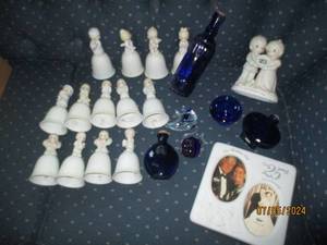 lot 112 image: Collection of Johnathan and Davids Precious Moments bells and picture frame plus Cobalt style display glassware
