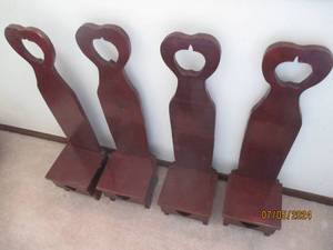 lot 119 image: 4pc Tall back mini-wooden display Chairs with Apple and heart cut outs