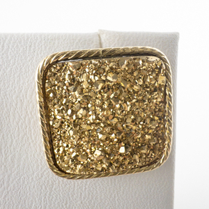MILOR Druzy, Rounded Square Rope Detail Bezel, Yellow Gold 14K Post Back Pierced Earrings. 1990s.