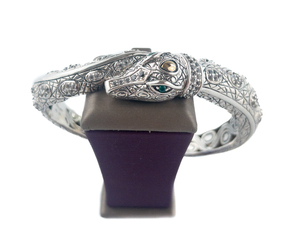 JOHN HARDY  Croco Collection Snake With Green Eyes & 14K Accents sterling & 14K Yellow Hinged Cuff Bracelet.
