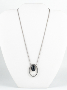 Large, Black Onyx Oval Cabochon Sterling Silver Pendant Necklace.