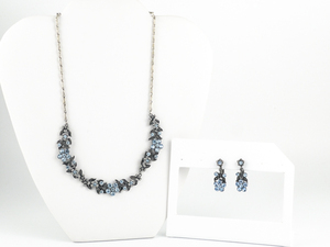 Antiqued, Blue Rhinestone Vine Floral Base Metal Bib Necklace. With Matching Clip-On Earrings