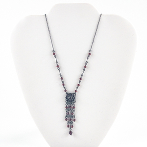 Bohemian style, Antiqued Garnet Color Beaded Base Metal Lavalier Necklace.