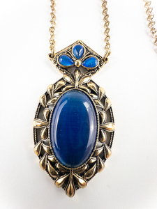 AVON Antiqued Blue Acrylic Rhinestone Base Metal Opera Necklace. Has Two Sets Of Matching Clip-On Earrings