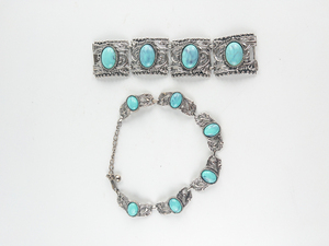 Chunky , Set Of Marble Cabochon Panel White Base Metal Collar Necklace & Bracelet.