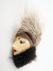 Vintage, Lady With Faux Fur Hat Base Metal Brooch.