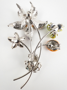 Beautiful, Multicolored Enamel & Rhinestone Ladybug & Flower Base Metal Brooch.
