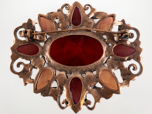 Large, Garnet Colored & Red Rhinestones Base Metal Brooch.