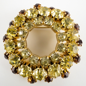 Vintage, Lime Green & Amber Rhinestone Wreath Base Metal Brooch.