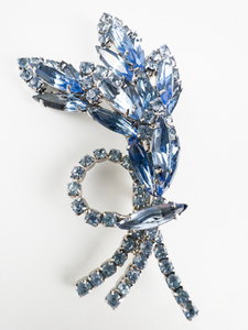 Bright, Blue  Rhinestone Flower Bud Bouquet White Base Metal Brooch.