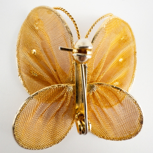 Retro, Mesh Gold Tone Flower Accents Butterfly Base Metal Brooch.