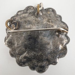 Vintage, Round Vine Flower Silver Tone base Metal Pin With Pendant.