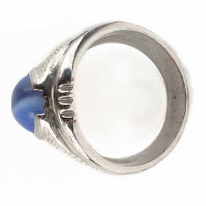 Large Oval Cabochon Dyed Blue Moonstone Cocktail Silver Tone Base Metal Ring. Size 11.25 - 11.5.