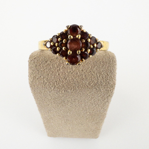 Garnet Cluster Cocktail Yellow Gold Plated Ring. Size 9.