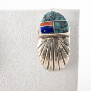 Charlie Bowie (Navajo)  Turquoise, Coral & Jet Inlaid Feather White Sterling Silver Post Back Pierced Earrings.