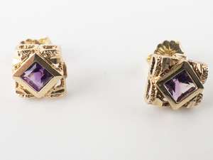 14K Yellow Gold Square Cut Amethyst 14K Stud Earrings.
