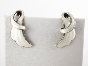 Finn Jensen  Norwegian Modernist Sterling Silver Clip-On Earrings. 1960S-Wind & Waves. Guilloche Enamel