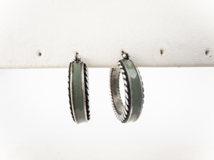 Sterling Rope Border & Green Enamel Inlay Hinged Wire Hoop Earrings.