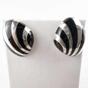 Vintage Mexican Black Inlay (OnyxEnamel) Sterling Silver Pierced Earrings. With Matching Pendant