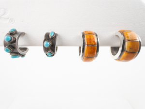 Set Of Two Navajo Sterling Silver Half-Hoop Pierced Earrings. 1. Turquoise  2. Coral