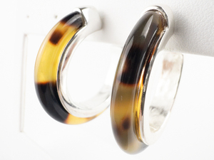 NINE WEST Dark Brown Tortoise Shell Inlay White Plated Base Metal Post Back Hoop Earrings.