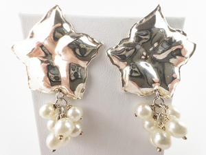 Star Shaped Pearl Dangle sterling Silver Pierced Earrings.