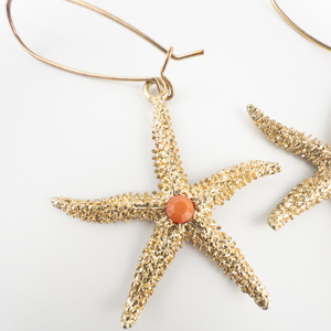 Large Textured  Starfish With Coral Colored Center Gold Tone Base Metal French Wire Earrings.