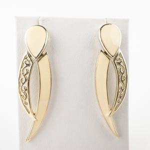 Large Textured White Enamel Inlay White Base Metal Dangle Earrings.