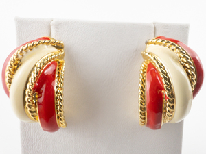 Eye Catching (Monet) Red &amp White Enamel Gold Tone base Metal Half-Hoop Pierced Earrings.