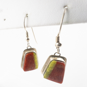 EP (Not Known)  Southwest Coral & Light Green Inlay Sterling Silver French Wire Earrings.