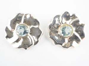 HUGE Blue Stone Flower Sterling Silver Post Back Pierced Earrings.