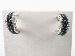 Mini Blue & White Rhinestone Sterling Silver Half-Hoop Pierced Earrings.
