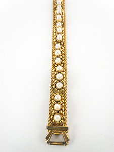 Vintage, Mesh Faux Pearl Yellow Plated Base Metal Bracelet.
