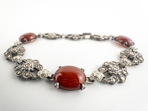 Art Deco, Marcasite & Carnelian Sterling Silver Link Bracelet.