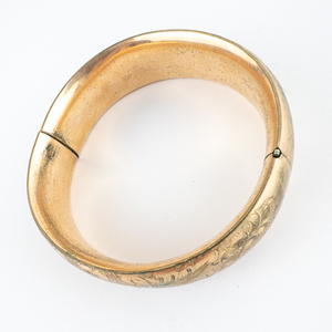 Vintage, Floral Engraving Yellow Plated Base Metal Hinged Bangle.