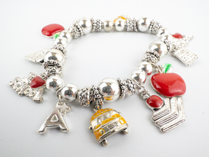 School Days White Plated Base Metal Stretch Charm Bracelet.