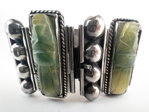 Mexican Aztec Carved Face (Jade) Sterling Silver Panel Bracelet. Matching Ring & Single Earring Without Post.