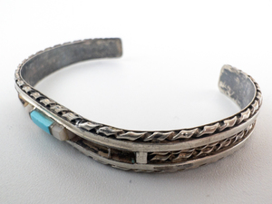 Nastachio (Zuni) Turquoise Inlaid Sterling Silver Cuff Bracelet. Missing Stones
