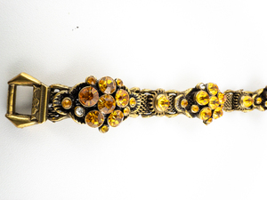 Bright Orange Rhinestone Antiqued Yellow Base Metal Link Bracelet.