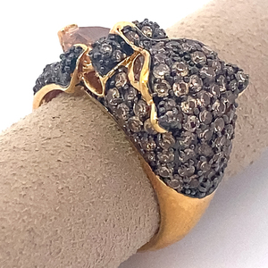 ADRIENNE CZ Big Cat Holding Heart Yellow Gold Plated Statement Ring. Size 10 - 10.25.