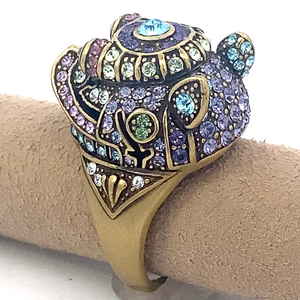 HEIDI DAUS Glittering Swarovski Crystal-Accented Foo Fu Guardian Dog-Design Yellow Brass Statement Ring. Size 10.5 - 10.75.