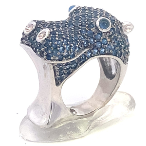 Eye-catching Blue CZ Hippo Pave-Set Sterling Silver Statement. Size 6.25 - 6.5.