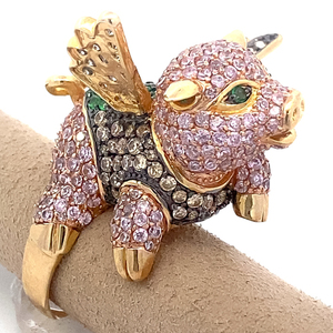 NOIR Pave CZ Flying Pig-Shaped Pink Green Eyed Yellow Gold Plated Statement Ring. Size 10 - 10.25.