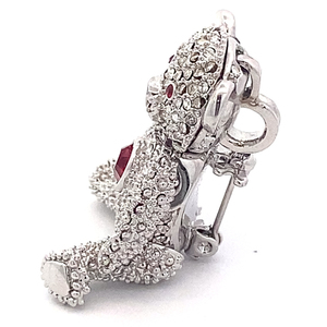 PJM Pave-Set Movable Limbs Red Heart Teddy Bear White Plated Base Metal Pin With Pendant.