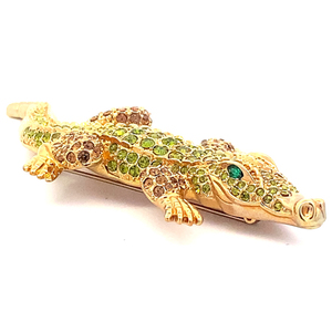 Stunning, Massive Green & Brown Rhinestone Crocodile Yellow Base Metal Brooch.