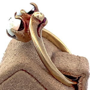 Victorian Antiqued 2 Stone Round Cut, White Base Opal Yellow 10K Ring. Size 5.75 - 6.