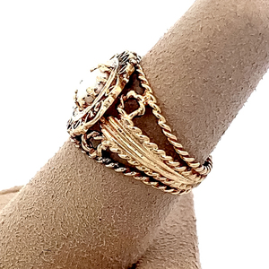 Sabrina RC. Antiqued Filigree Curlique & Rope Band With Oval Cut White Base Opal Yellow 10K Ring. Size 6 - 6.25.