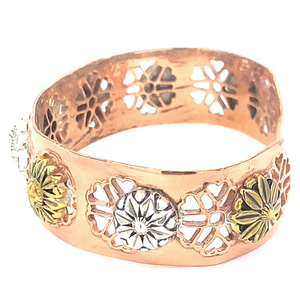 Amy Kahn Russell Tri-Tone Carved Yellow, White, & Rose Base Metal Cuff Bracelet.